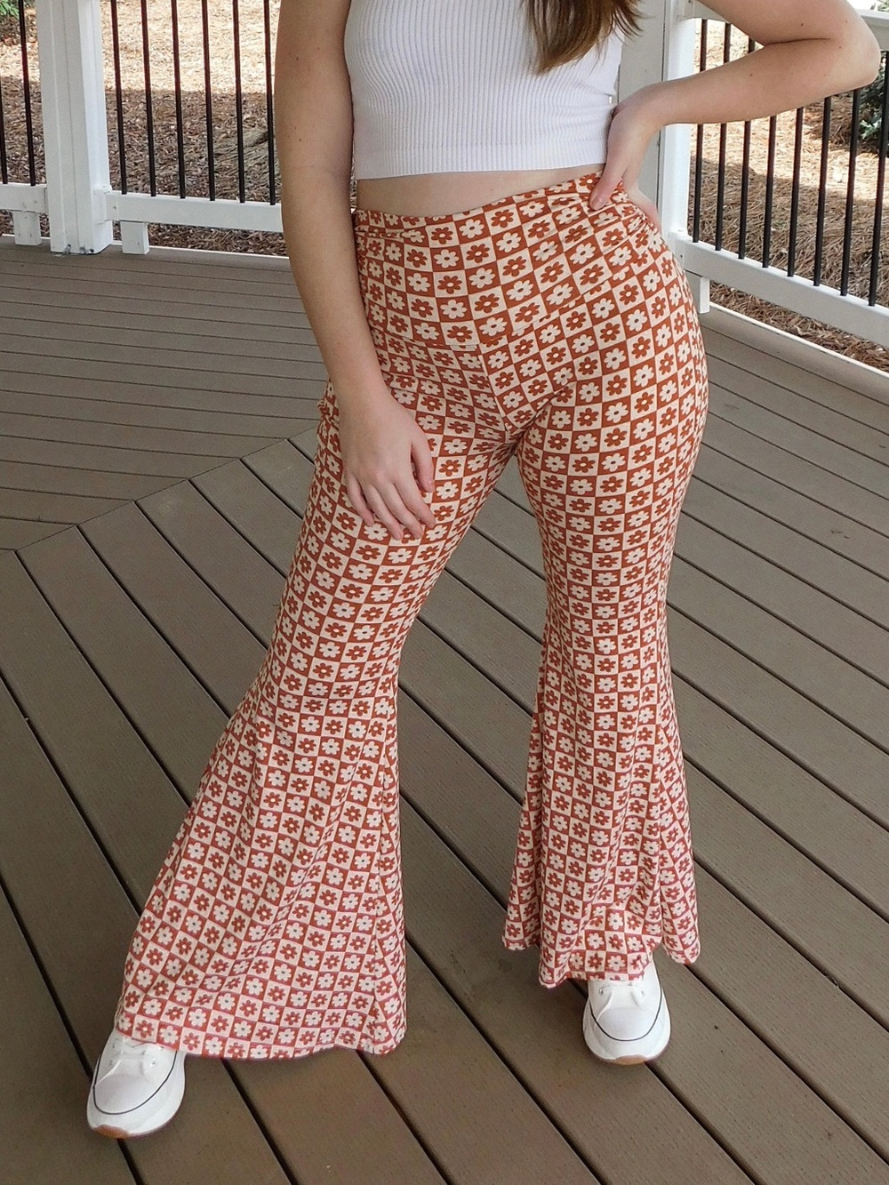 FANTASTIC FAWN Orange Rust Floral Checkered Flare Pants Buttery Soft FKP51884-01